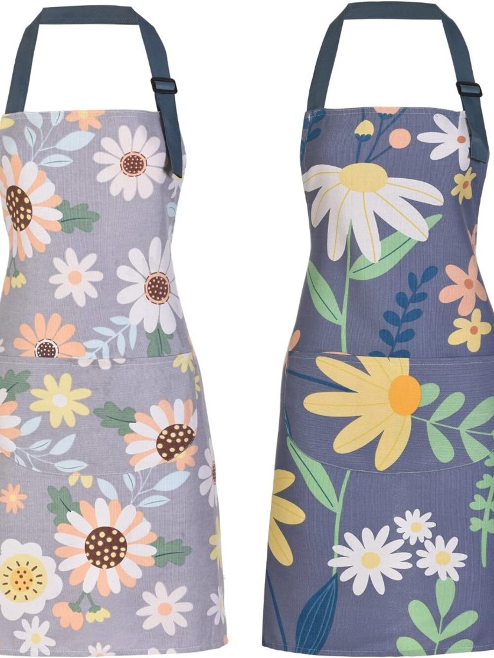 2 Pack Floral Apron for Women with Pockets, Adjustable Cotton Chef Aprons for Ki